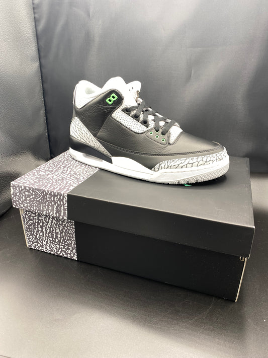 AIR JORDAN 3 RETRO BLACK/GREEN GLOW-WOLF GREY SIZE M 10.5 W 12